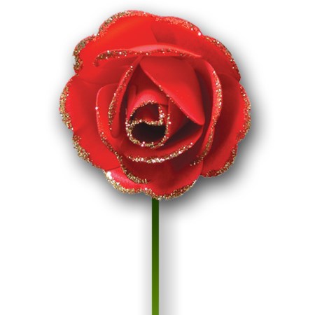 Woodrose 5 cm on stem 'red red glitter'