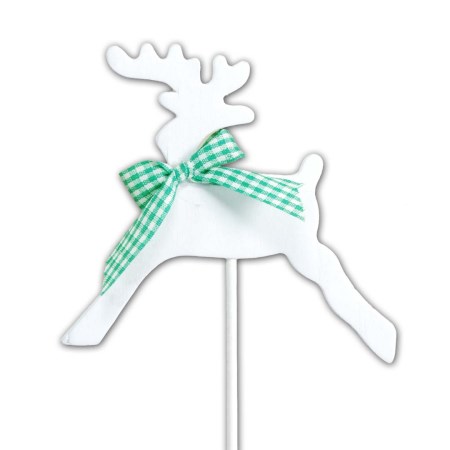 Wooden Reindeer on Stem White with Green Bow