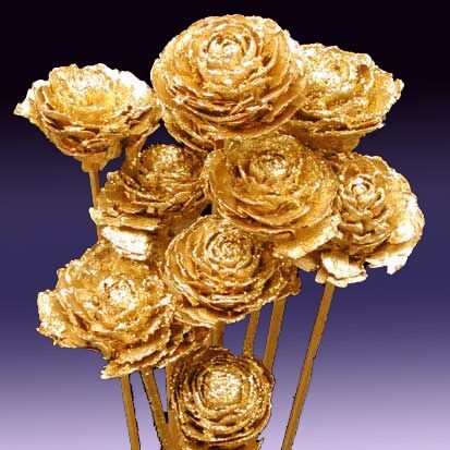 Cedar rose on stem 'gold with gold glitter'