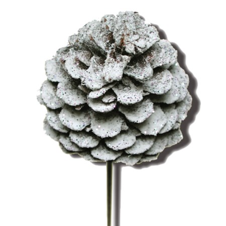 Pine cone on stem 'frost + clear glitter'
