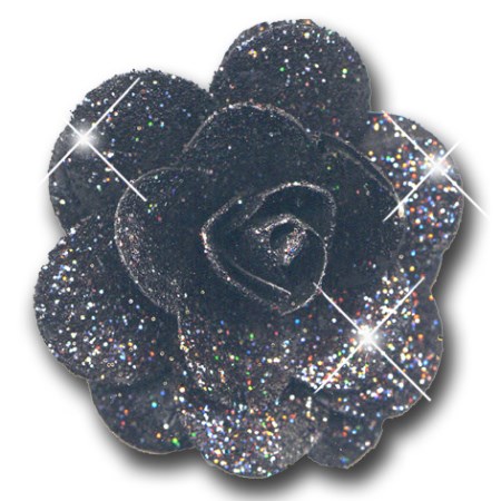 Woodrose 5 cm on stem 'black multi glitter'