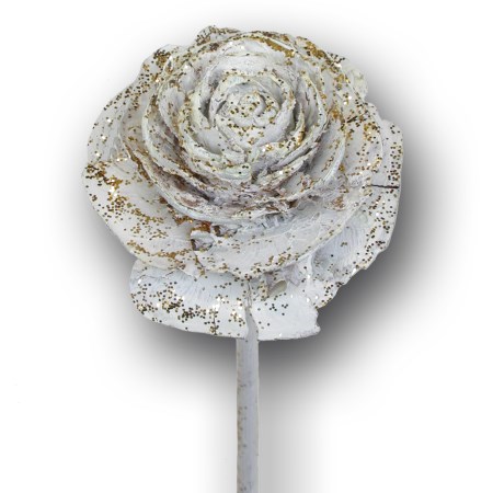 Cedar rose on stem 'ivory gold glitter'